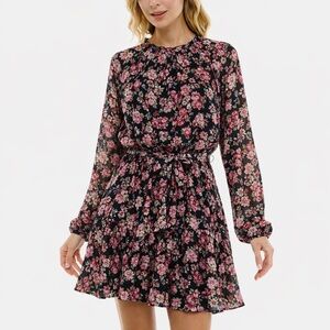 VICI Floral Long Sleeve Mini Dress | Size Small | Black Pink Romantic